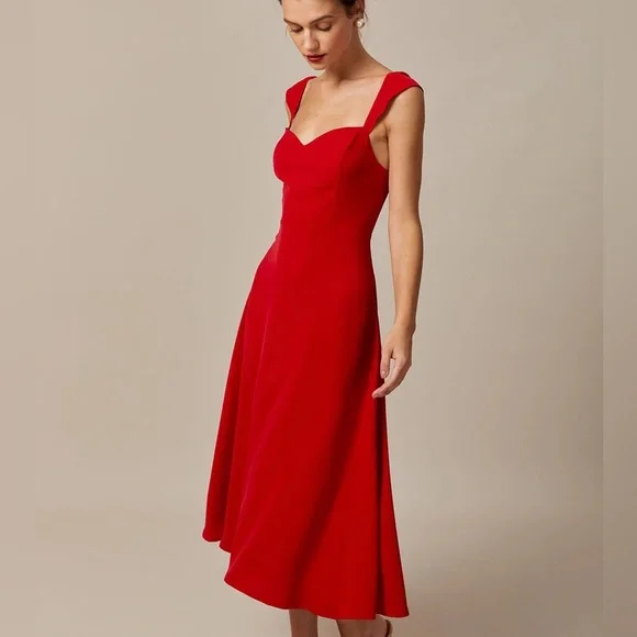 Rihoas Red Sweetheart Neck Cap Sleeve Midi Dress - Picture 3 of 7